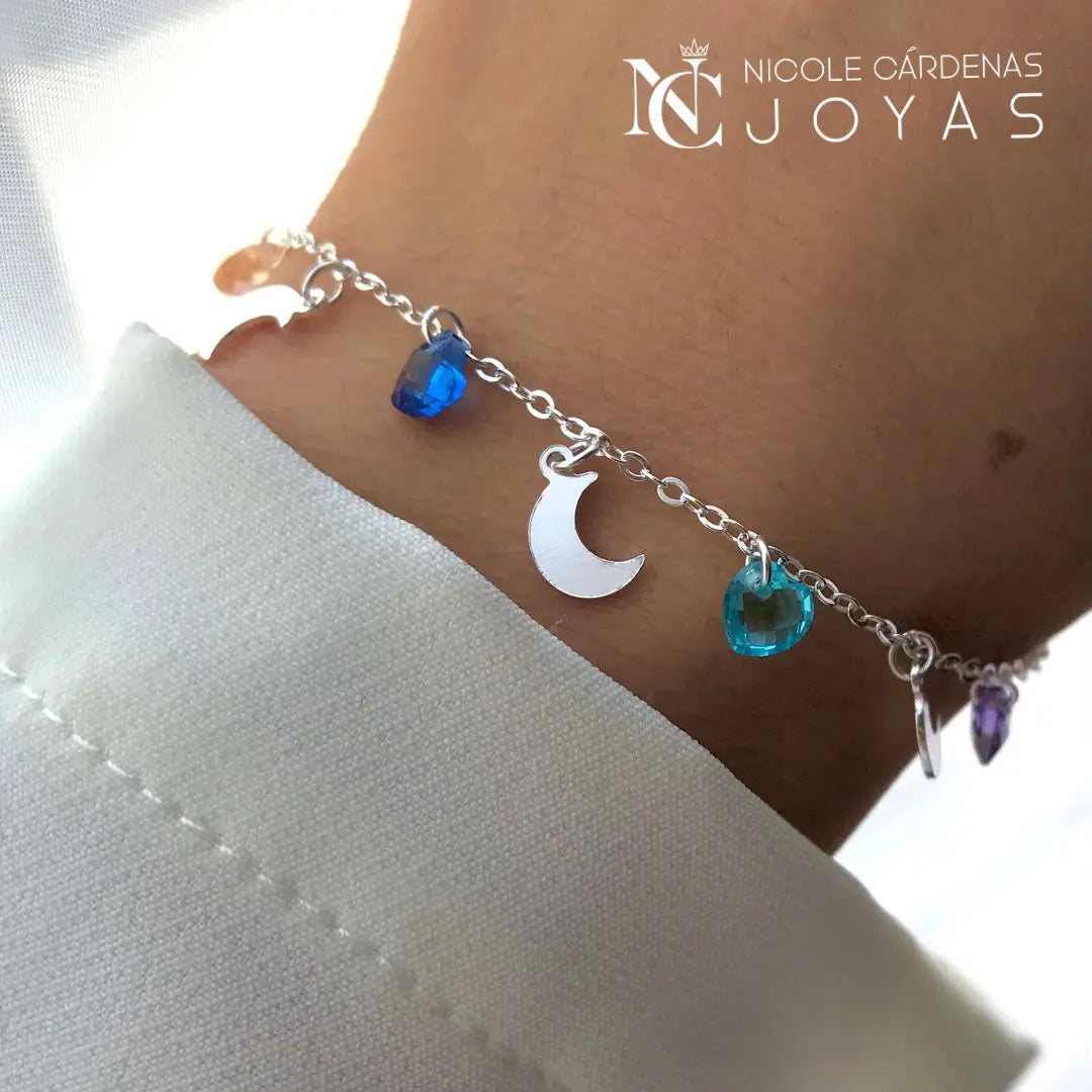 PULSERA MEDIA LUNA Y CORAZONES SWAROVSKI