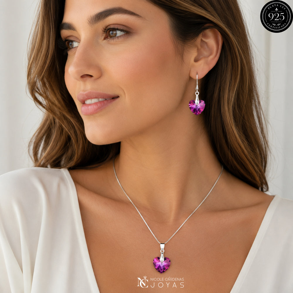 CONJUNTO CORAZÓN CRISTALES ROSA