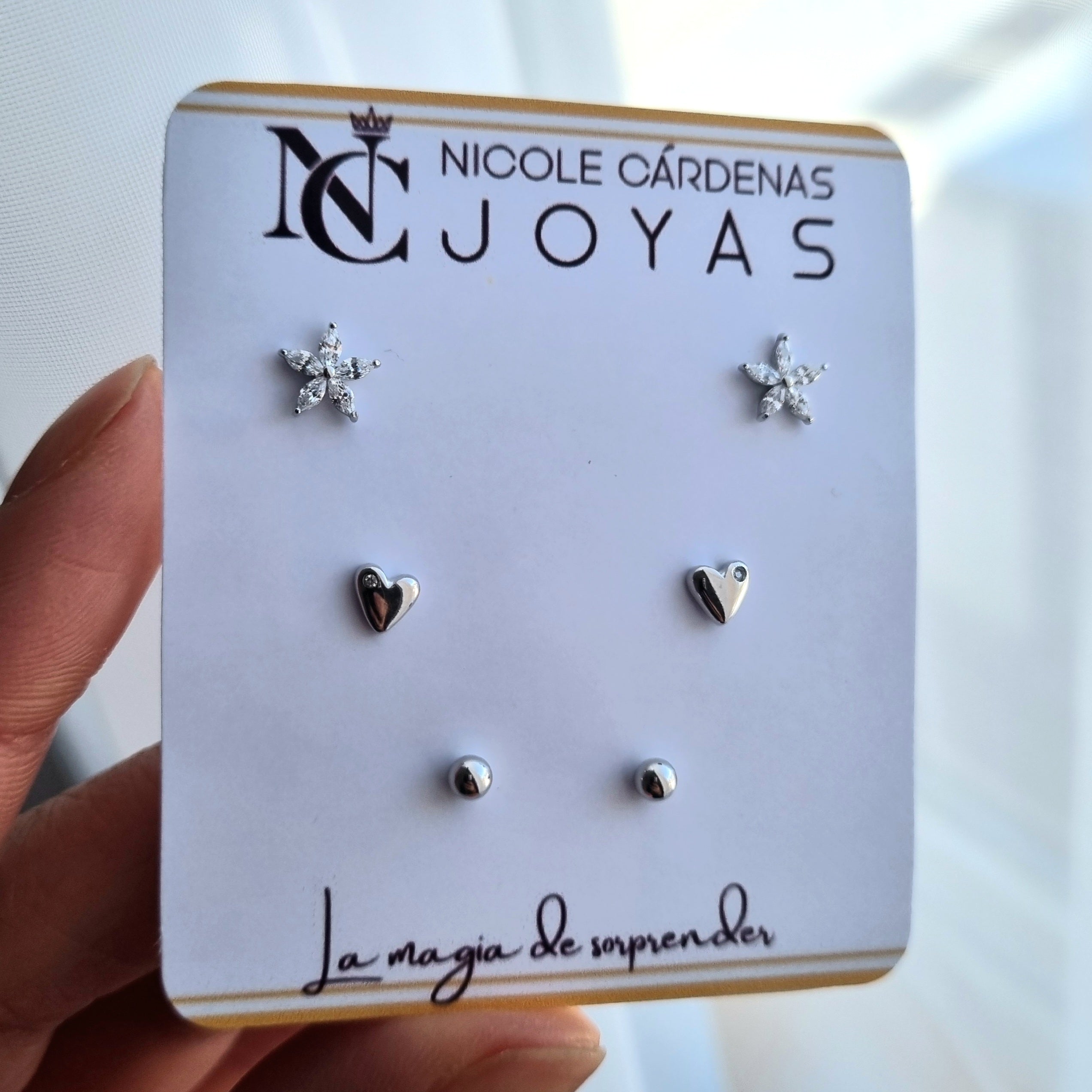 SET DE AROS MINIMALISTAS : FLOR CORAZÓN ESFERA