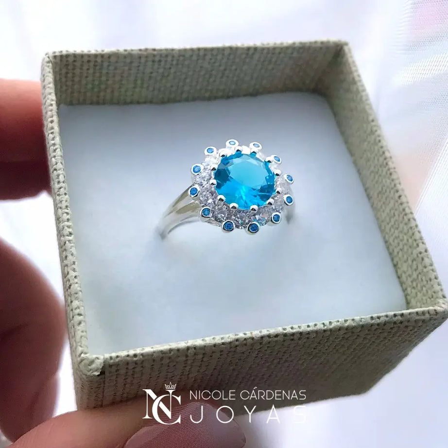 ANILLO FLOR CIRCÓN AGUA MARINA