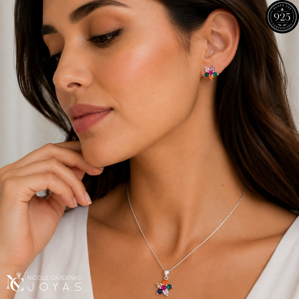 CONJUNTO FLOR CON GRIFA Y CIRCONES MULTICOLOR