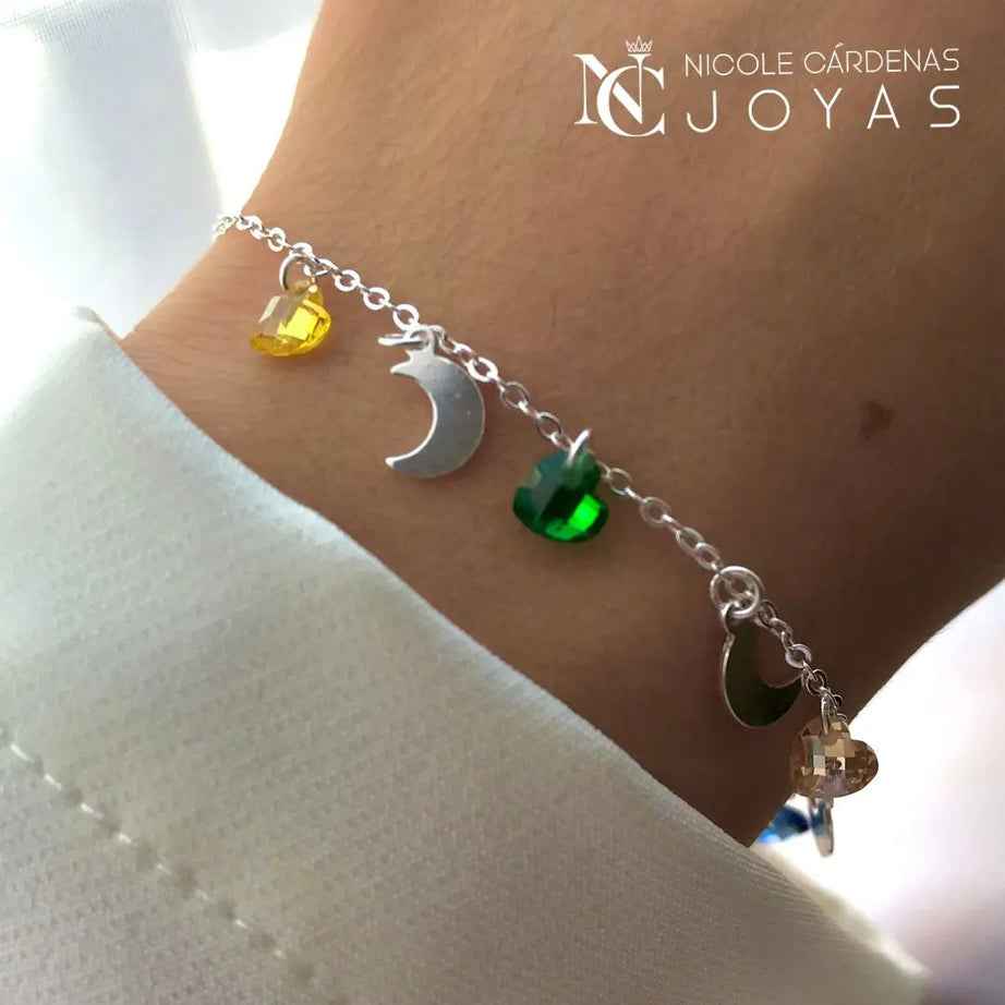 PULSERA MEDIA LUNA Y CORAZONES SWAROVSKI