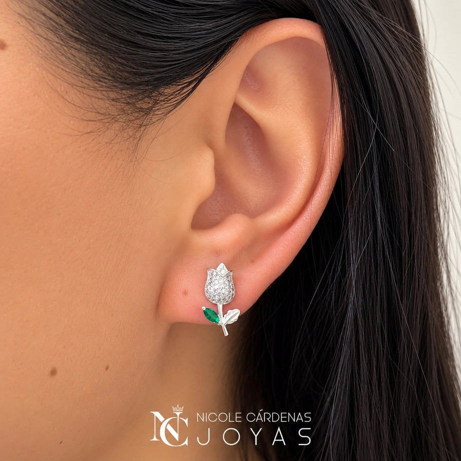 AROS FLOR TULIPAN CON CIRCONES ESMERALDA