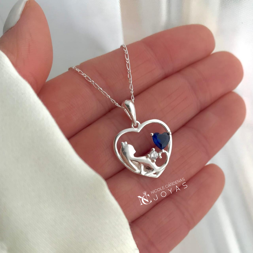 COLLAR CORAZÓN GATITO Y CIRCÓN ZAFIRO