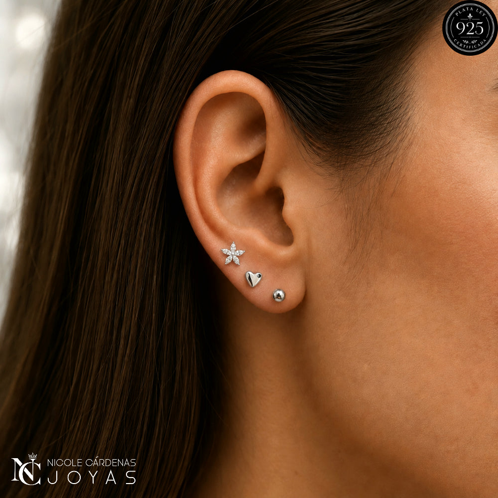 SET DE AROS MINIMALISTAS : FLOR CORAZÓN ESFERA