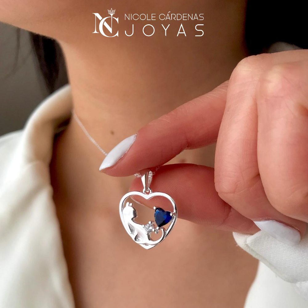COLLAR CORAZÓN GATITO Y CIRCÓN ZAFIRO