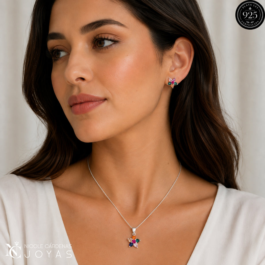 CONJUNTO FLOR CON GRIFA Y CIRCONES MULTICOLOR