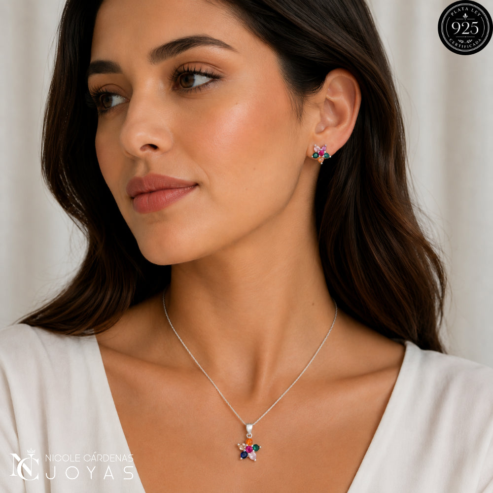 CONJUNTO FLOR CON GRIFA Y CIRCONES MULTICOLOR