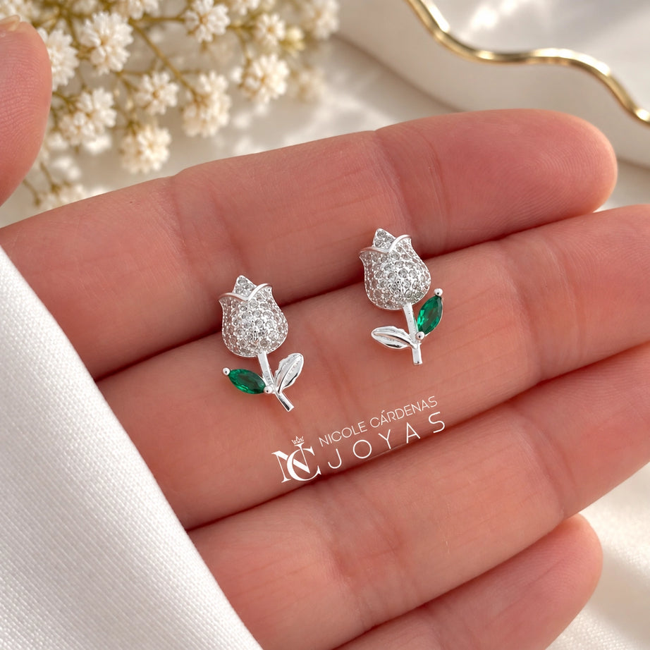 AROS FLOR TULIPAN CON CIRCONES ESMERALDA