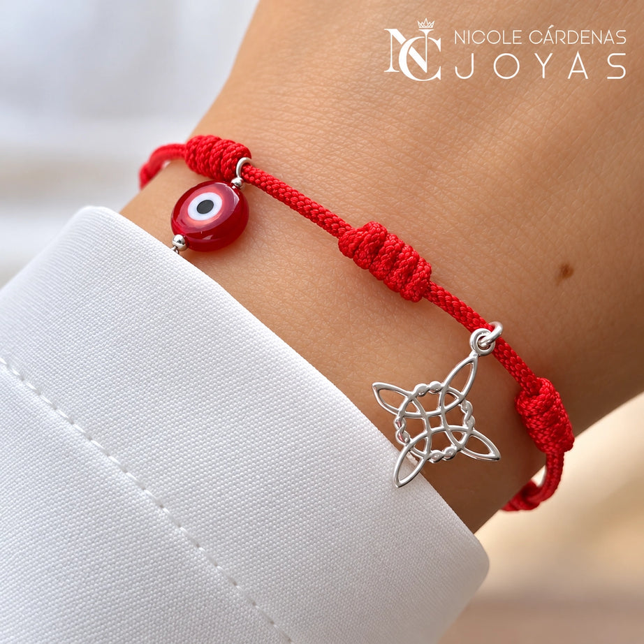 PULSERA HILO ROJO 7 NUDOS  OJO TURCO Y NUDO DE BRUJAS