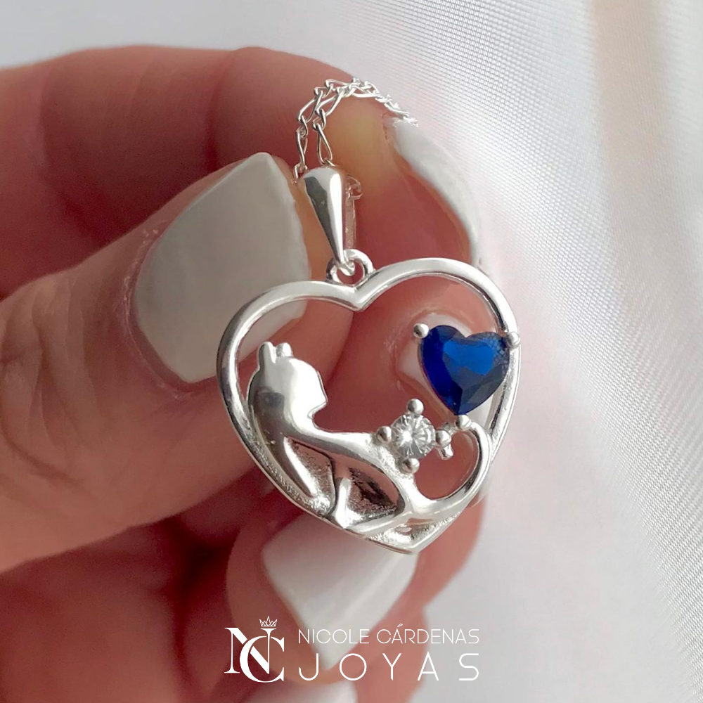COLLAR CORAZÓN GATITO Y CIRCÓN ZAFIRO