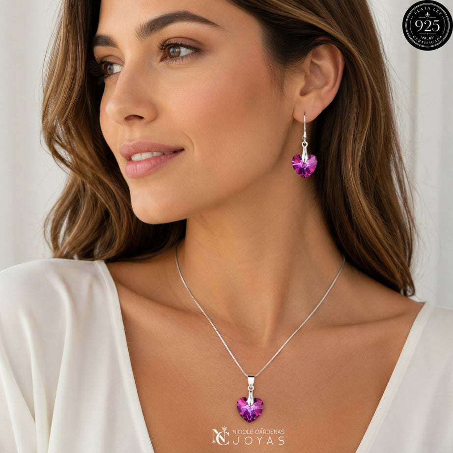 CONJUNTO CORAZÓN CRISTALES ROSA
