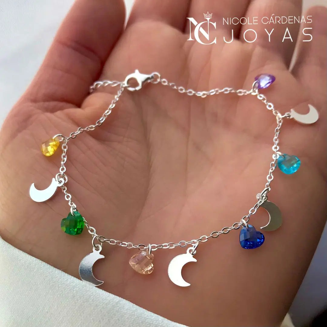 PULSERA MEDIA LUNA Y CORAZONES SWAROVSKI