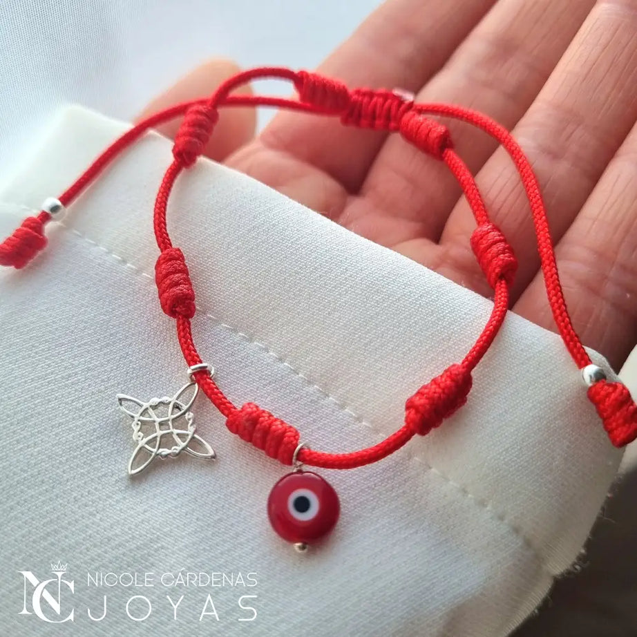 PULSERA HILO ROJO 7 NUDOS  OJO TURCO Y NUDO DE BRUJAS