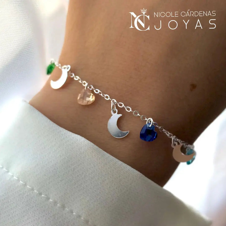 PULSERA MEDIA LUNA Y CORAZONES SWAROVSKI