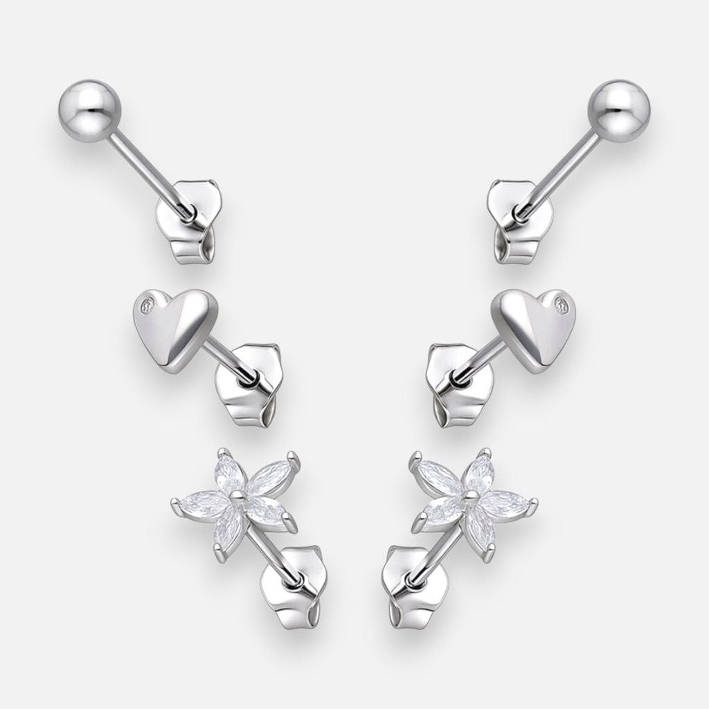 SET DE AROS MINIMALISTAS : FLOR CORAZÓN ESFERA