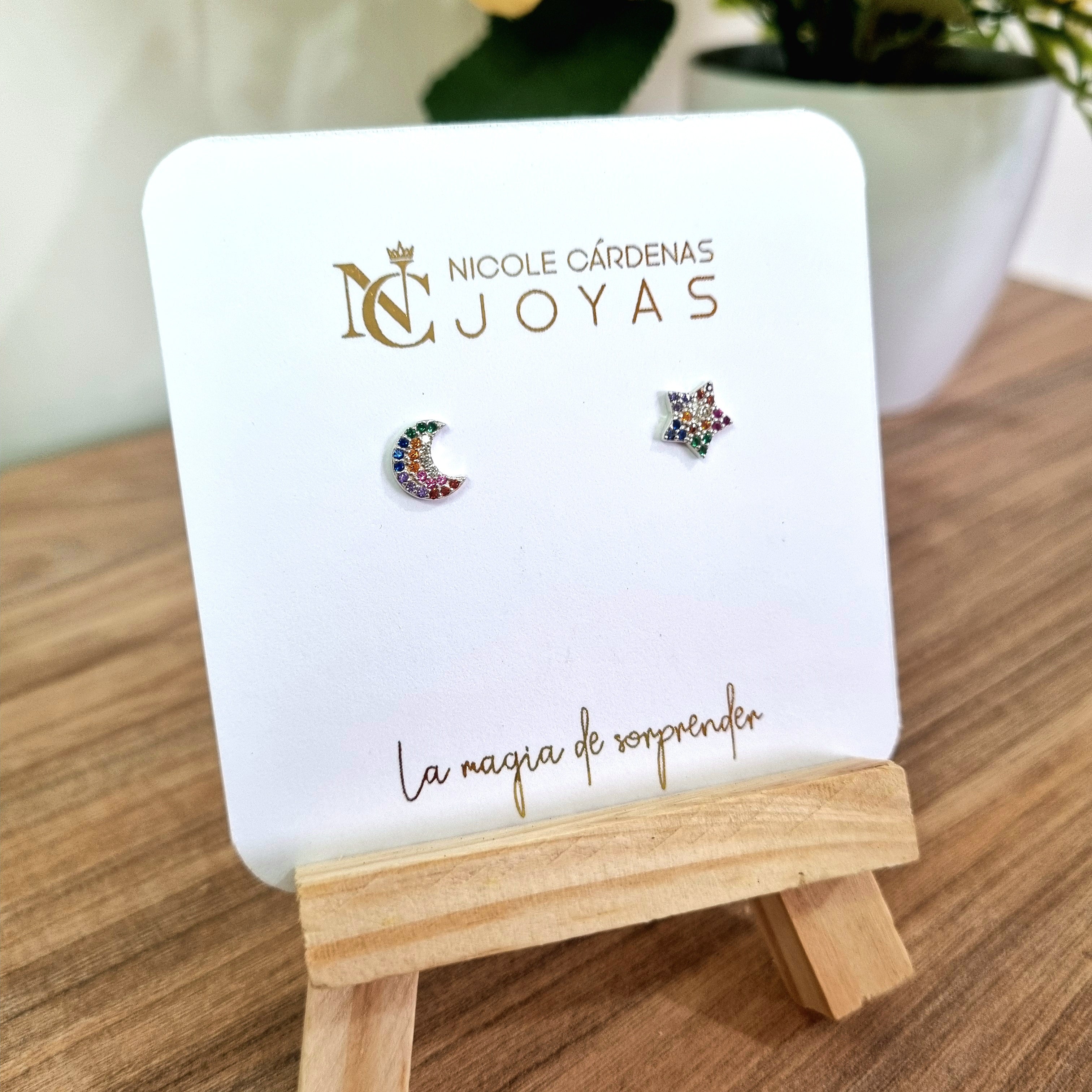 AROS DESIGUAL LUNA Y ESTRELLA CIRCONES MULTICOLOR